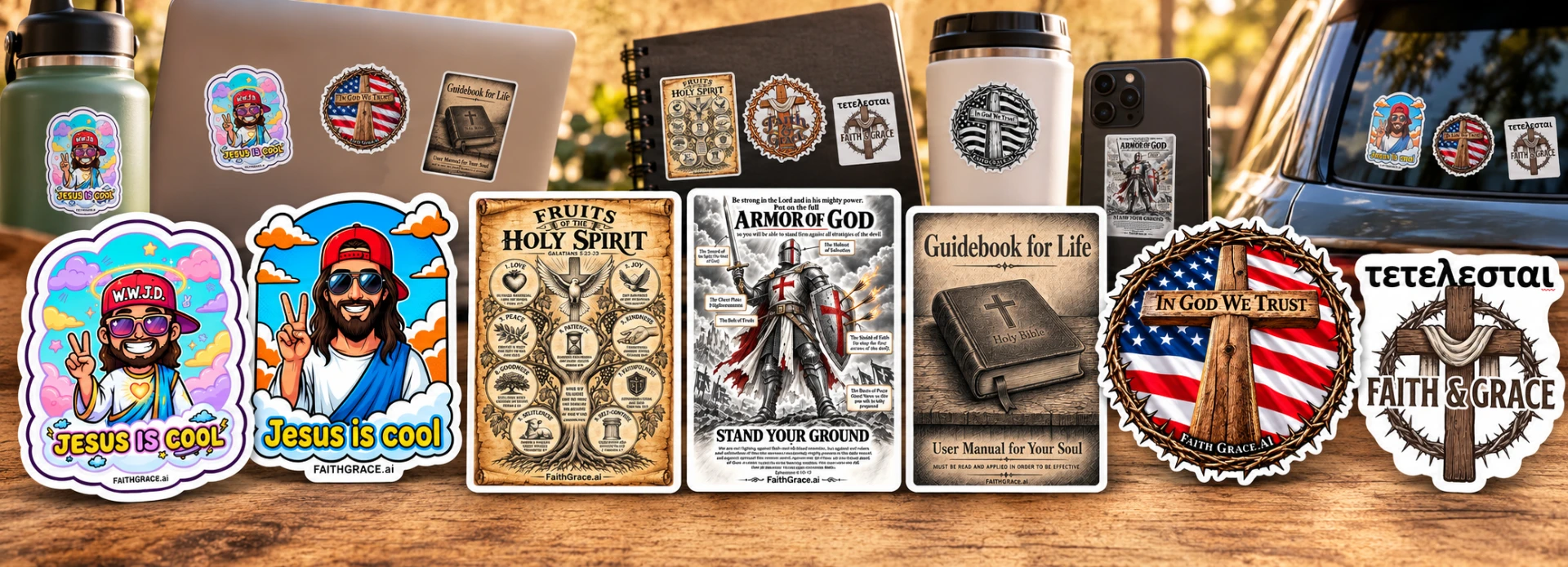Faith & Grace stickers on water bottles, laptops, notebooks, phones and cars