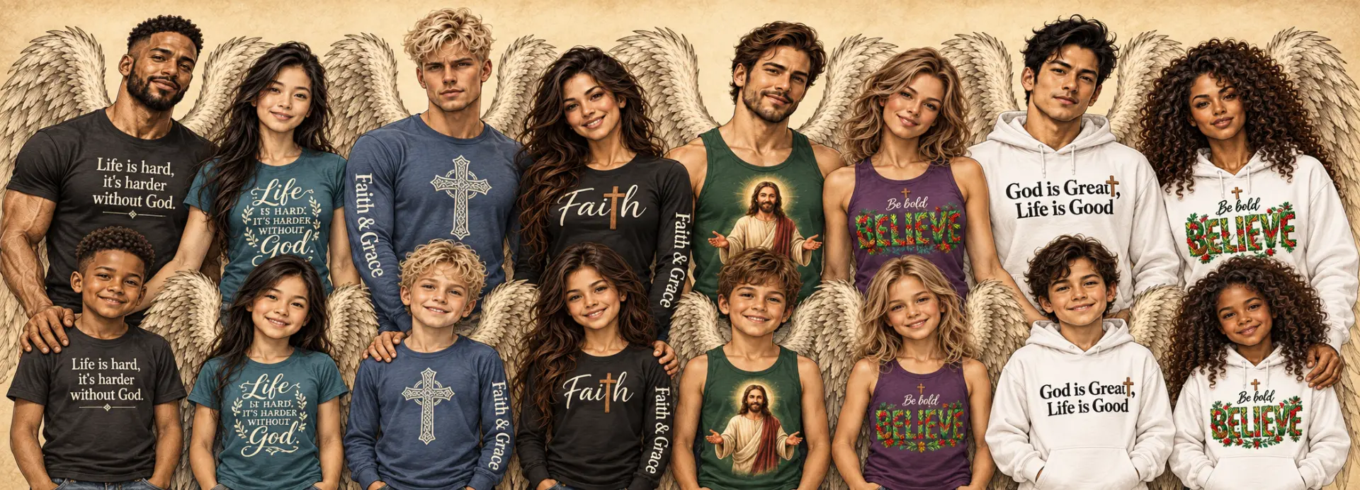 Families wearing Faith & Grace tees, long sleeves, tanks and hoodies