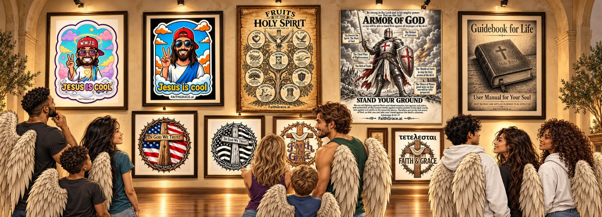 Families viewing framed Faith & Grace prints in a gallery